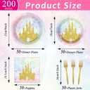 Justforjoyful 200Pcs Princess Castle Birthday Party Supplies Watercolor Pastel Rainbow Plates and Napkins Gold Glitter Tableware Set for Fairytale Baby Shower Party Decorations for 50 Guests