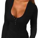 Afibi Women Long Sleeve Tops Scoop Neck Low Cut Slim Fitted Henley Shirt Ribbed Basic Tee Shirts Tops 2XL