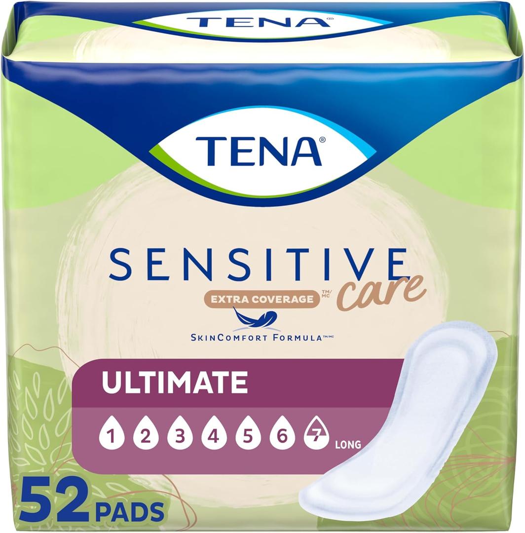 Tena Sensitive Care Incontinence Pads, Postpartum & Bladder Control Pads for Women, Ultimate Absorbency, Extra Coverage, Long, 52 Count