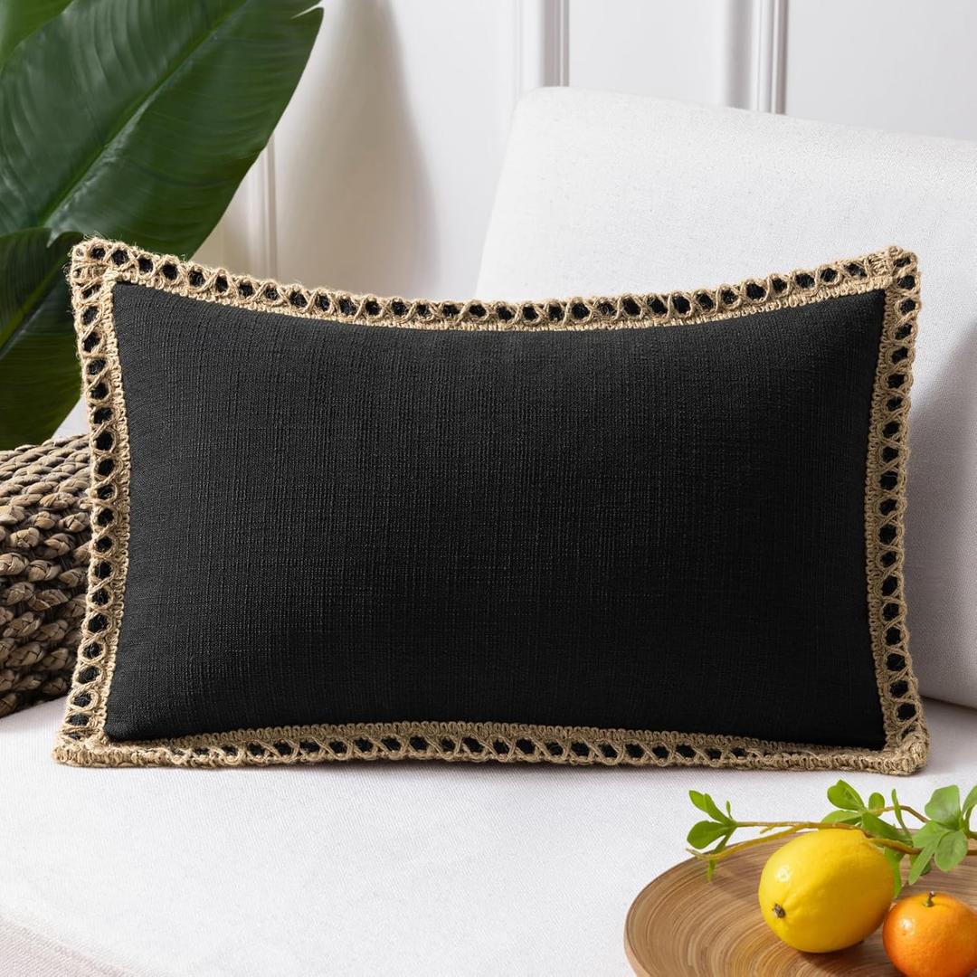 Phantoscope Farmhouse Solid Throw Decorative Pillow Cover Burlap Linen Trimmed Tailored Edges Outdoor Pillow Black 1 Pack 12 x 20 inches, 30 x 50 cm (20" x 12" (Pack of 1))