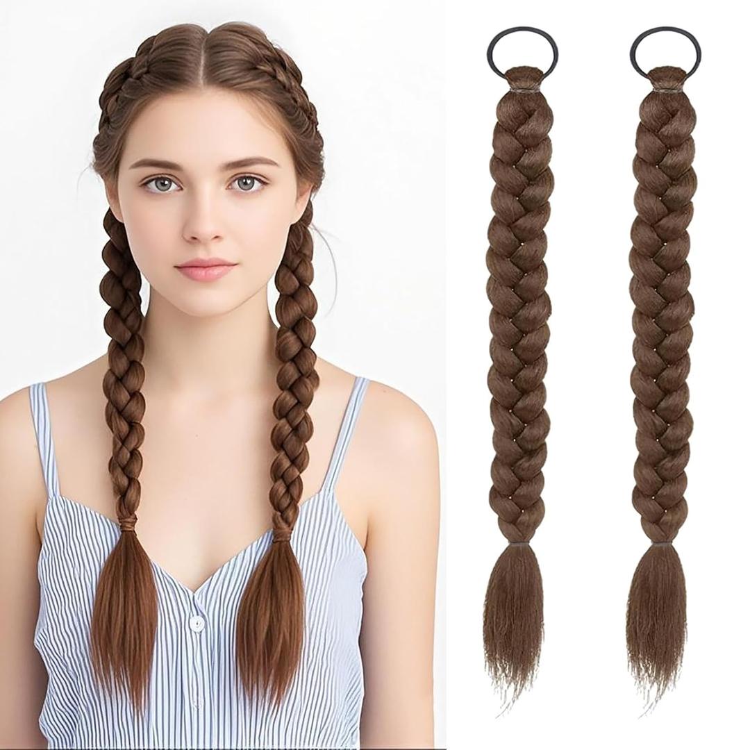 Braided Ponytail Hair Extensions Clip-in 2Pcs Set with Hair Ties - Soft Synthetic Hairpieces for Women, Natural Look Wrap Around Extensions for Daily Wear, 17 Inch Light Brown