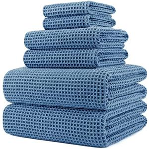POLYTE Oversize, 60 x 30 in., Quick Dry Lint Free Microfiber Bath Towel Set, 5 Piece (Waffle Weave), Blue
