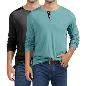 Ficerd 2 Pack Men's Henley Shirts, Long Sleeve Henley T-Shirts with Pockets Casual Front Placket Basic Henley Tee Tops (Dark Gray, Blue Green,Small)