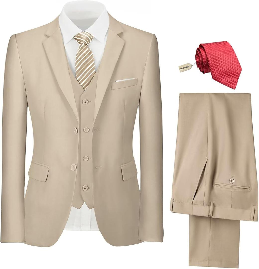 Mens Suit 3 Piece Set Slim Fit Wedding Groomsmen Suit for Men Two Buttons Suits Set Solid Jacket Vest Pants with Tie (Beige) 
 XXXL