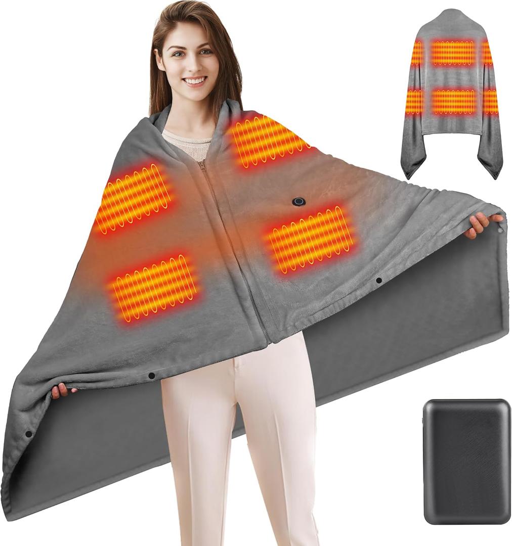 Heated Blanket Battery Operated 5V 10000mAh Battery 62" x 35" Portable Heated Shawl Wraps for Women Men Cordless Rechargeable Heated Blanket 3 Heating Settings 6 Heating Zones(Gray)