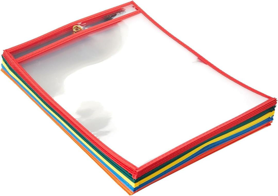 Heavy Duty Dry Erase Ticket Holder Pockets with Clear Plastic Film and Multicolored Fabric Edge, 8.5" X 11", Pack of 25