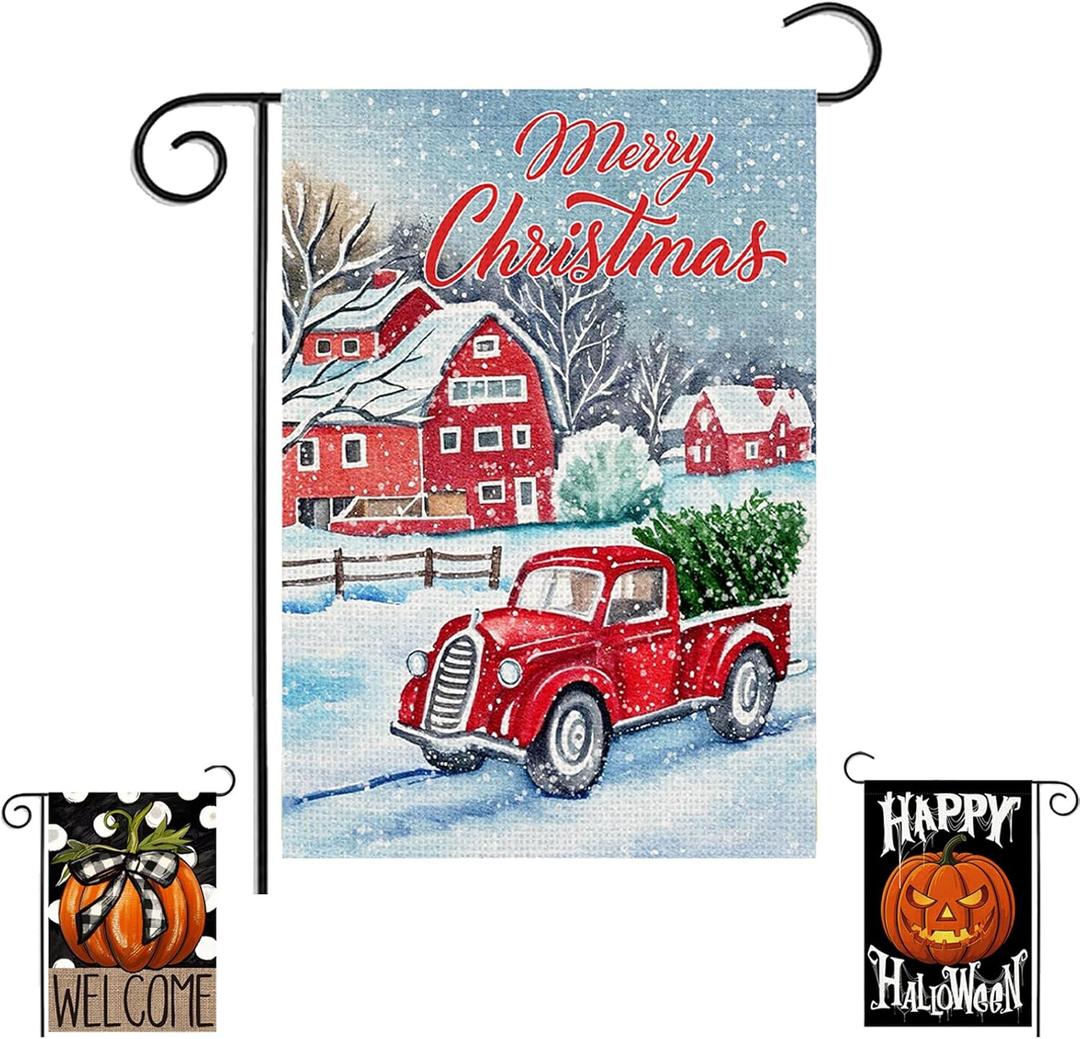 Doncida Christmas Garden Flag 12x18 inch Double Sided Burlap Pumpkin Welcome Fall Holiday Small Yard Flag for Outside Decoration