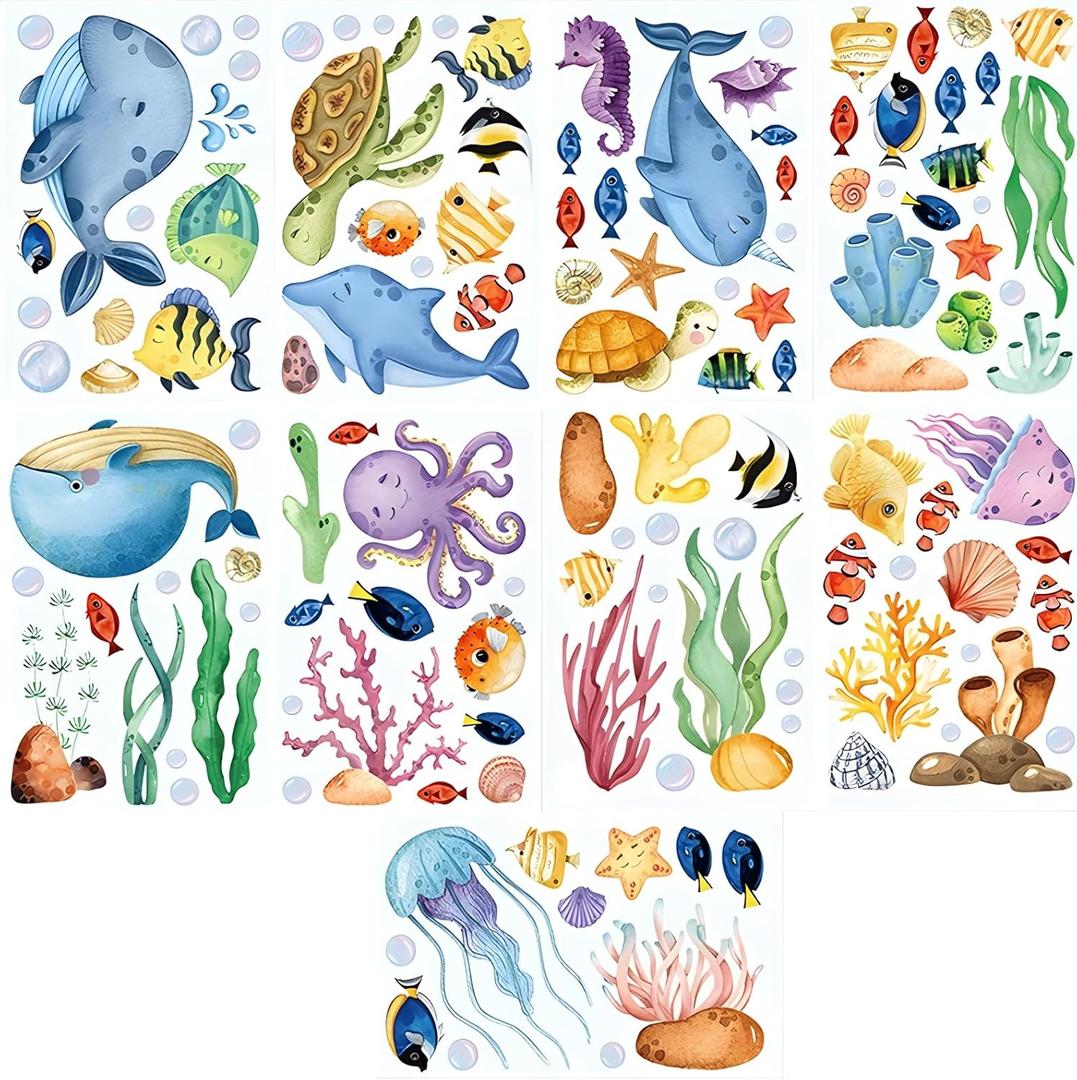Ocean Window Clings, 9 Sheet/134pcs Sea Stickers, Double-Sided Printing Summer Sticker for Sandbeach, Classroom, Nursery, Home, Party Decoration Supplies