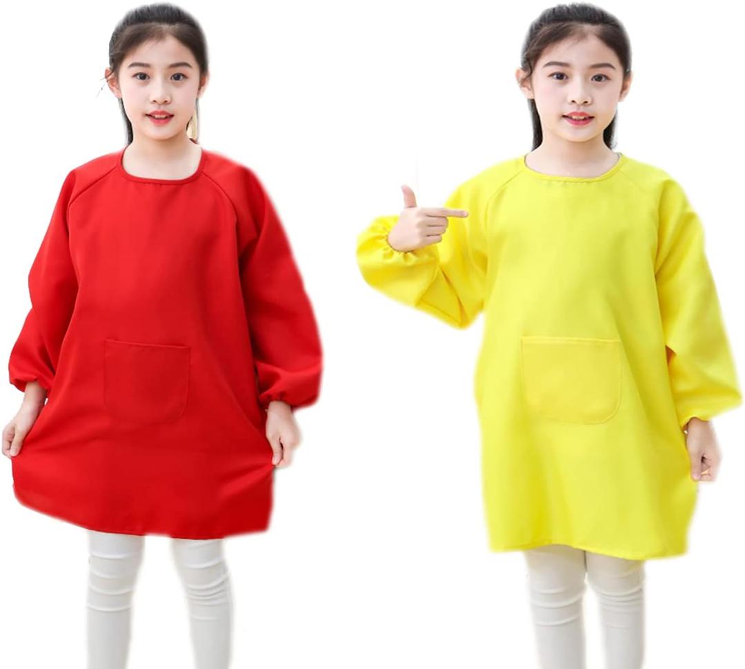 Lauthen.S Kids Art Smocks,Artist Painting Aprons Long Sleeve with Pocket Eating Gardening Smocks for Toddler 2-12 Years (Red + Yellow)