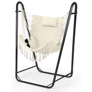 Hammock Chair with U Shape Stand, Cotton Swing Chair with Side Pocket, Heavy-Duty Metal Frame with Hanging Seat, Multi-Functional Swing Stand for Indoor and Outdoor Patio Yard Garden (Blackwhite)