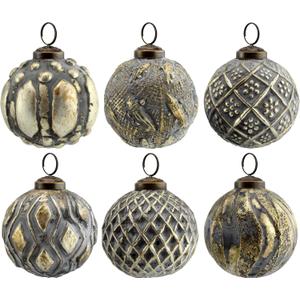 AuldHome Design Farmhouse Ball Ornaments (Set of 6, Antique Gold); Distressed Metal Glass Ball Vintage Style Christmas Decorations (Gray,gold,silver)