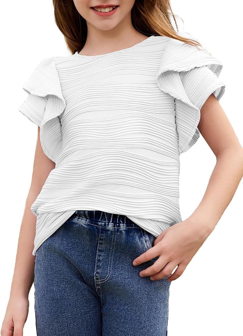 blibean Girls Ruffled Short Sleeve Textured Tops Shirts Size 6-15 Years (White, L)