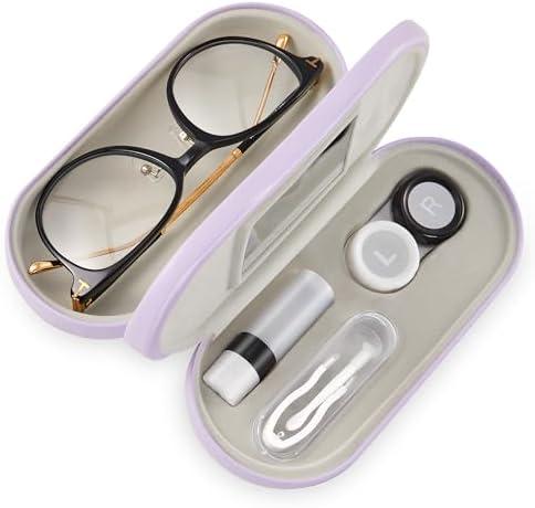 Muf 2 in 1 Contact Lens Case and Glasses Case, Double Sided Design with Mirror, Portable Travel Kit with Tweezer, Remover and Solution Bottle, Purple