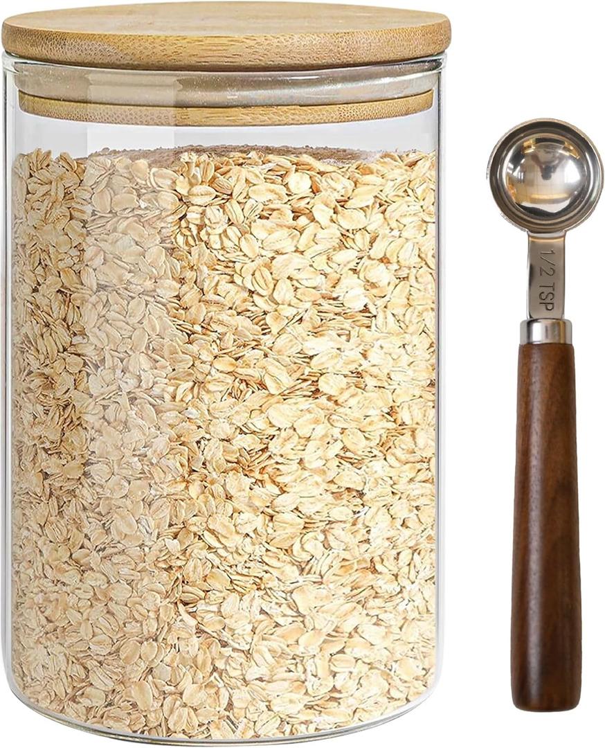 Glass Storage Containers with Airtight Bamboo Lids,Round Glass Jars Pantry Organizers,Perfect for Kitchen Organization - Flour, Rice, Pasta, Sugar, Coffee Beans, Accessories Included (40oz*1)