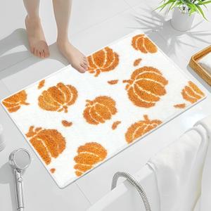 Fall Pumpkin Bath Mats for Bathroom, Thanksgving Super Absorbent Non-Slip Microfiber Shaggy Bath Rugs, Autumn Bathroom Mat for Shower, Tub, Sink, Decor, Machine Washable, 20x30in, Orange