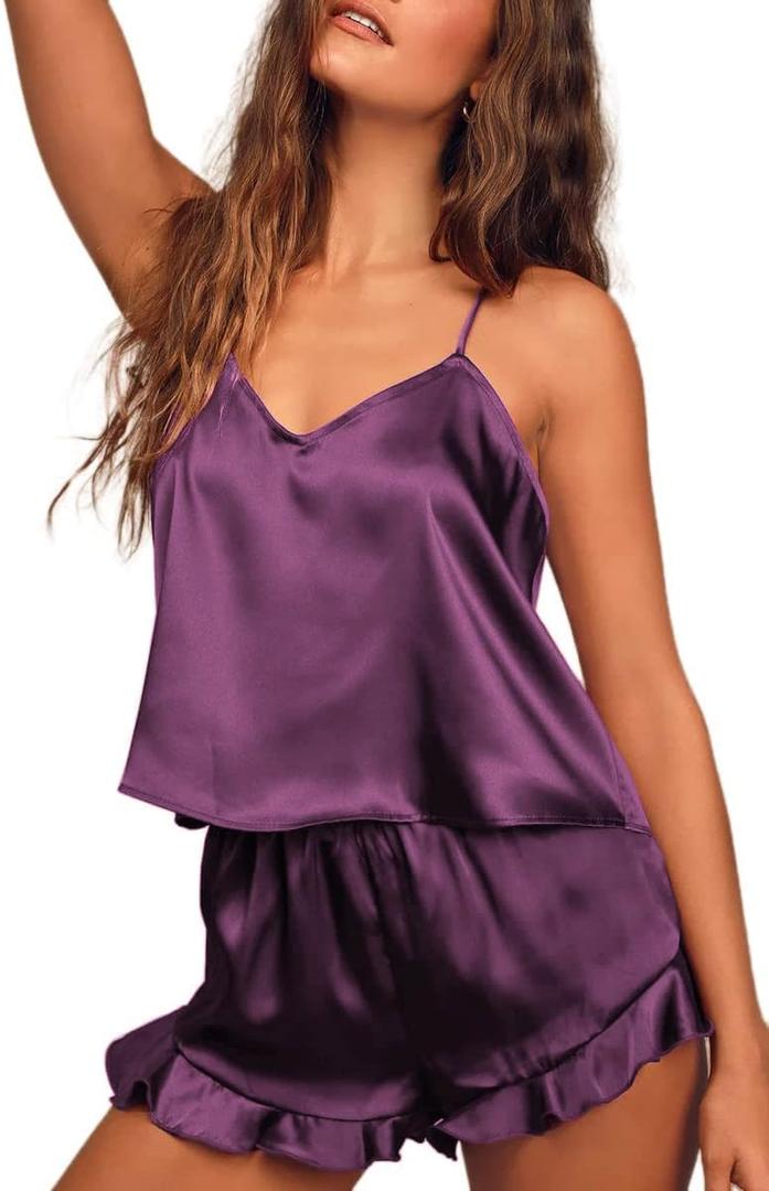 Ekouaer Satin Pajama Set for Women Silk Pjs for Women Set Camisole Top and Shorts with Ruffle Sleepwear (Purple, XXL)