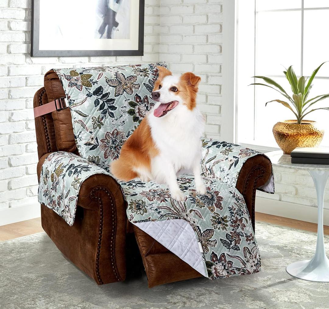 Brilliant Sunshine Beautiful Burgundy Flowers Quilted Recliner Slipcover, 26" Seat Width, Slip Resistant Furniture Protector, 2" Strap, Washable Reclining Chair Cover for Pets, Kids, Dogs, Cats, Green