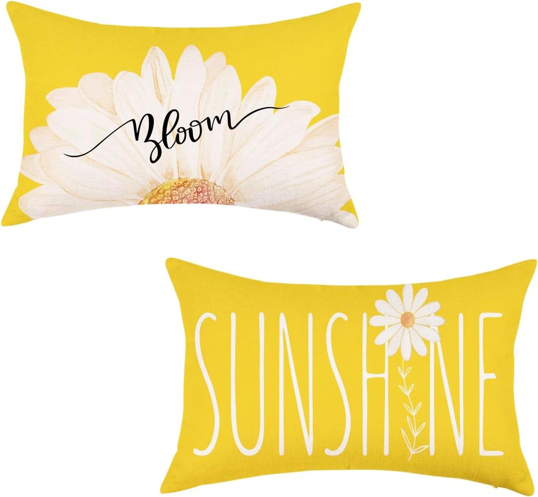 ONWAY Spring Summer Lumbar Pillow Covers 12x20 Inch Farmhouse Daisy Throw Pillowcase Sunshine Bloom Yellow Decorative Cushion Case for Sofa Couch Home Bed Set of 2