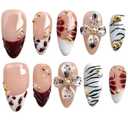 Press on Nails Medium Almond, 3D Floral & Leopard Zebra Print French Tip, Handcrafted Gel Stick On Reusable False Nails Wild Mocha (L)
