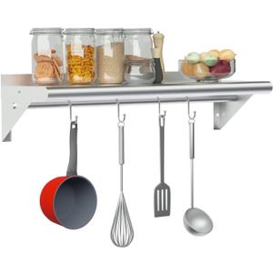 Treshin Stainless Steel Shelf with 4 Hooks 12 x 24 Inches, Commercial Wall Mount Floating Shelving Storage Pot Rack for Restaurant, Kitchen, Home, Bar and Hotel