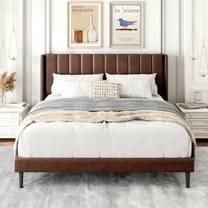 Gruwans Queen Size Bed Frame with Upholstered Wingback Headboard, Easy Assemnly Platform Bed, Wooden Slat Support No Box Spring Needed, Dark Brown Leather