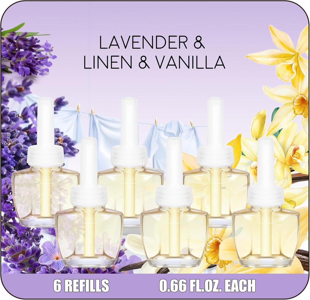 Plug in Air Freshener Refills, Wall Plug In Refill 6 Count, Lavender, Linen & Vanilla Scents, 3.96 Fl Oz, Air Fresheners for Home and Bathroom, Compatible with Air Wick & Glade, Not for Glade Plus