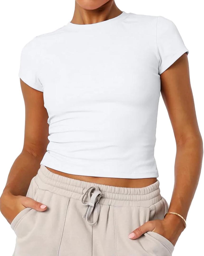 Women's Basic Summer Short Sleeve Crewneck T-Shirts Y2K Cute Going Out Tops Baby Tee (White, M)