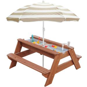 Kids 3-in-1 Sand & Water Table, Wood Outdoor Convertible Picnic Table w/Umbrella, 2 Trays, Removable Top with Faucet, Picnic Table for Outdoor Playset (Brown/Brown)