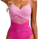 Women’s Mesh One Piece Swimsuits - Tummy Control Cutout Bathing Suit Push Up Slimming Swimwear 2025 (Pink, L)