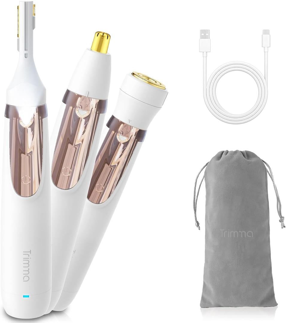 Trimma Nose Hair Trimmer for Women: 3 in1 Rechargeable Womens Facial Hair Remover and Electric Eyebrow Trimmer - Face Lips Eyebrow Nose Ear Body Painless Face Shaver with Built-in LED Light