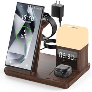 Wireless Charger for Samsung/Android Charging Station, 6 in 1 Fast Watch Charger with Alarm Clock-Night Light, Compatible for Galaxy S25 Ultra/S24, Only for Samsung Watch8/7, Galaxy Buds3 Pro(Wood)