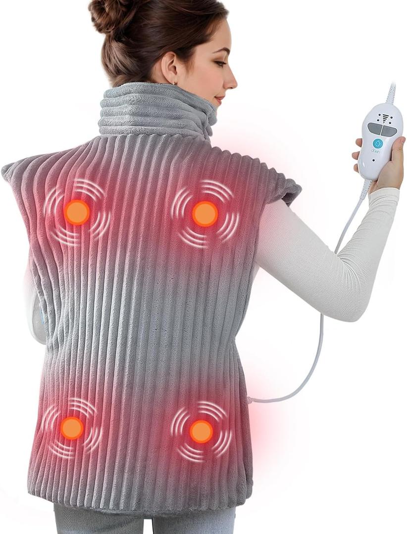 Heating Pad with Massager for Back Pain Cramps Relief,24"x35" Electric Heating Pad for Neck and Shoulders,Inner Detachable Heated Pad Wrap with 4 Massagers,Gifts for Women Men (Grey)