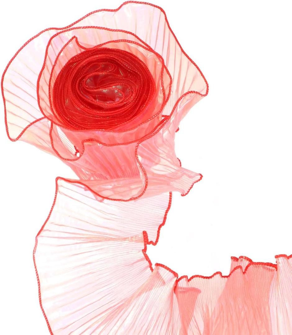 uxcell 5.5" x 5.5 Yards Ruffle Pleated Organza Trim Iridescent Pleated Lace Trim Ribbon Sewing Lace Fabric Trim for DIY Craft Dress Clothing Wedding Gift Home Decoration, Red