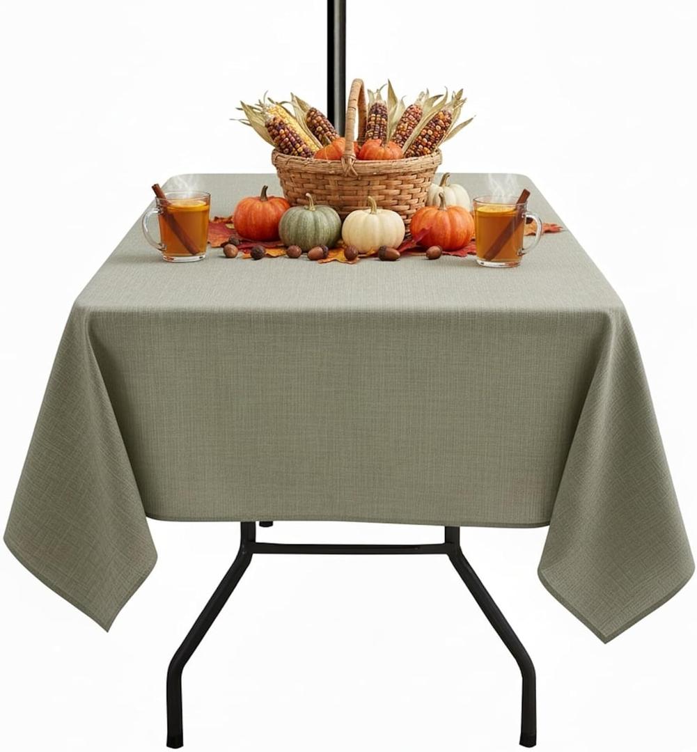 Outdoor Tablecloth with Umbrella Hole - Patio Table Cloth Zippered Square 60x60 Inch, Khaki Linen-Look Polyester Table Cover Water Resistant for Picnic Outside