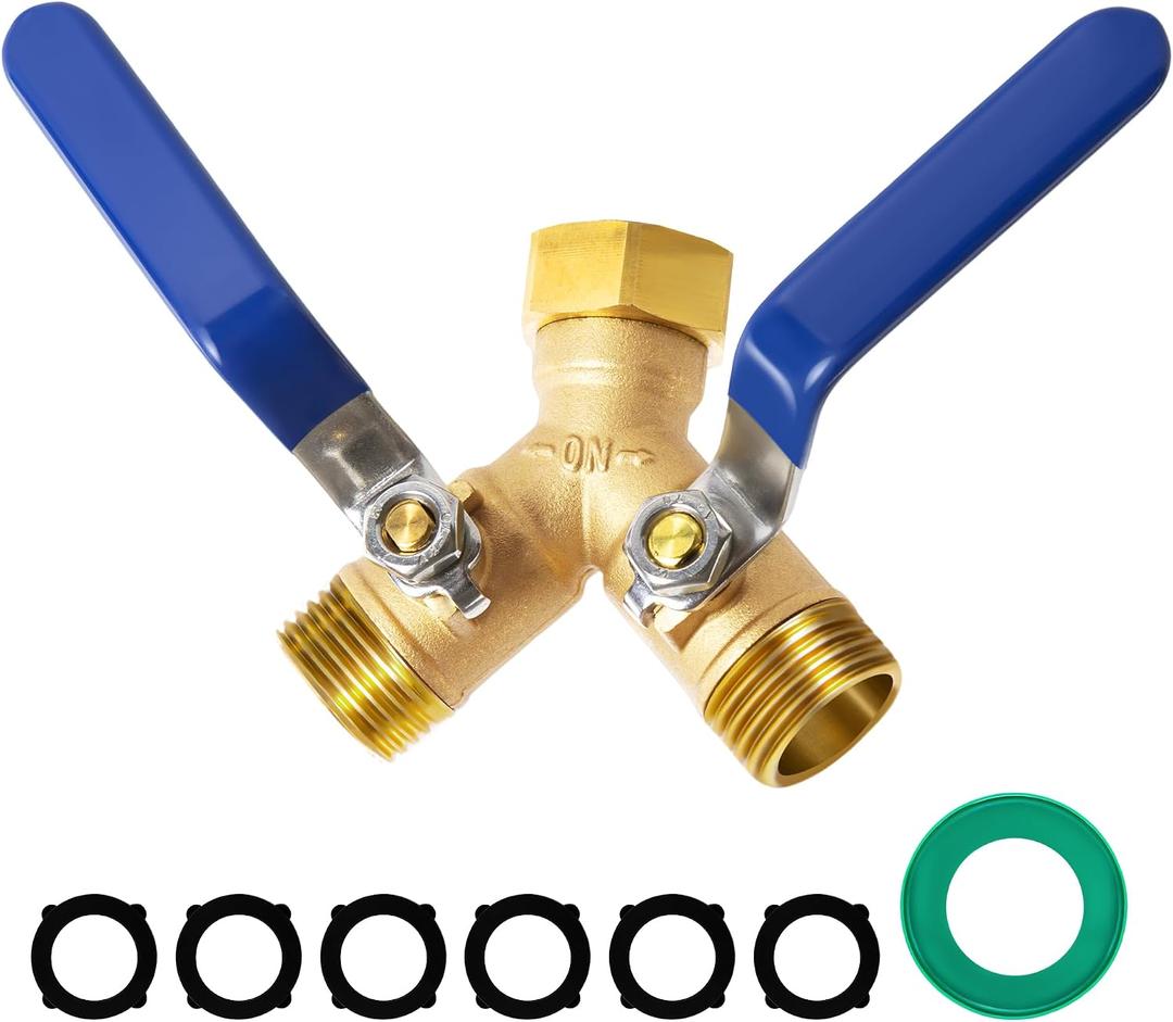 Garden Hose Splitter 2 Way, Solid Brass Water Hose Splitter with 304 Stainless Steel Handle, 3/4" GHT Thread Leak-Proof Y Valve for Outdoor Faucet Lawn, Irrigation & Washing