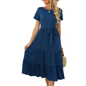Lyrur Women's Dresses Casual Summer Tiered Midi Dress Short Sleeve Belted Ruffle Babydoll Boho Sundress with Pockets (Medium, Deep Blue)