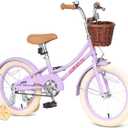 ACEGER Retro Princess Kids Bike with Basket for 3-12 Years Old Girls, Included Coaster Brake & Caliper Brake, Purple, 16 Inch With Training Wheels & Kickstand
