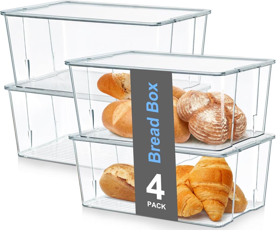 Hudgan 4 Pack Bread Box for Kitchen Countertop, Bread Storage Container with Lid for Bagel, Donut and Cookies, Clear Breadbox Keeper for Muffin