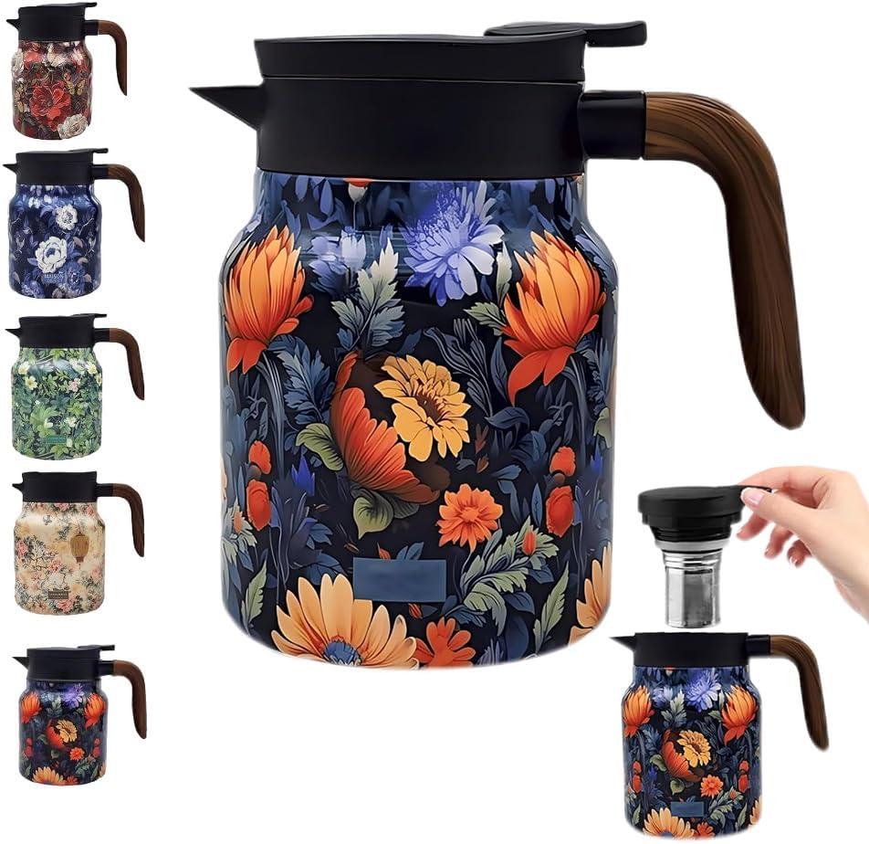 Vintage Floral Pattern Tea Pots Built-in Infuser,Vintage Floral Teapot with Built In Infuser Stainless Steel Thermal Carafe with Lid for Hot Drinks,Purple (Wooden handle,35oz)