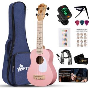 WINZZ Soprano Ukulele for Beginners, 21 Inch Hawaiian Wood Ukelele Kit for Kids Adult Student Starter, Professional Uke Pack Bundle w/Free Lessons, Case, Pickguard, Capo, Strap, Picks, Pink