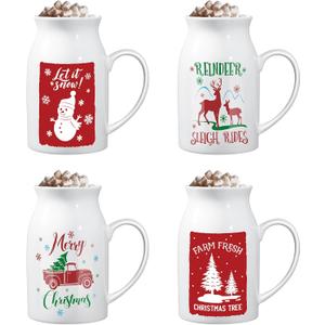 Hushee 13.5 oz Ceramic Christmas Mugs Set of 4 with Gift Box Xmas Coffee Mugs with Festive Pattern Design Reindeer Xmas Tree Snowman Truck Christmas Gifts for Women Men(Classic)