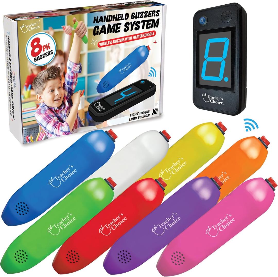 Teacher's Choice 8 Player Wireless Handheld Game Buzzer System - Displays First Buzz-in - Great for Jeopardy, Family Feud, Trivia and Buzzer Games - Console with 8 Joystick Buzzers, 8 Unique Sounds