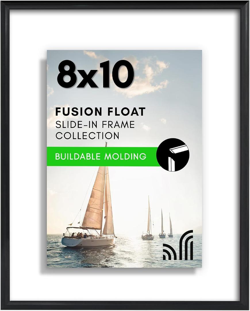 Americanflat 8x10 Floating Picture Frame with Shatter-Resistant Glass - Fits 6x8 Photos or Smaller - Slide-in Photo Frame - Fusion Float Collection - Floating Frames for Tabletop or Wall - Black