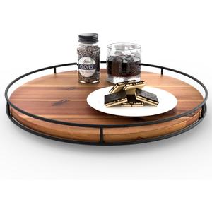 16" Acacia Wood Lazy Susan Turntable with Metal Frame - Large Lazy Susans Organizer Countertop Storage - Wooden Serving Tray for Charcuterie Cheese Board - Kitchen Counter Rotating
