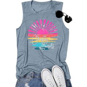 Hawaiian Tank Top Women Chasing Sunset Shirt Hawaii Beach Waves Vest Sunshine Shirts Summer Vacation Sleeveless Tops Blue Size M
