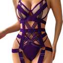 Lilosy Sexy Strappy Crisscross Cutout Underwire Garter Belt Lingerie Set Rave Outfits (Purple) XL