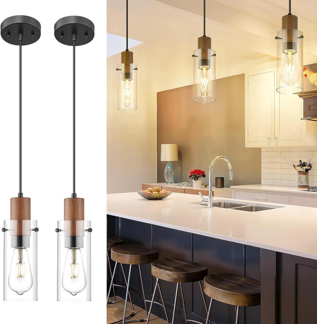 Emak 2 Pack Mini Black Pendant Light Fixtures, Modern Farmhouse Pendant Lights with Clear Glass Shade, 1-Light Hanging Light for Bedroom, Kitchen Island, Bathroom, Wood Grain Painted, PL120-BKL-2PK