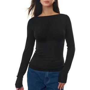 Women's Boat Neck Long Sleeve Shirts Merino Wool Blend Tops Fitted Basic Tee Cozy Embrace Collection (Medium, Jet Black)