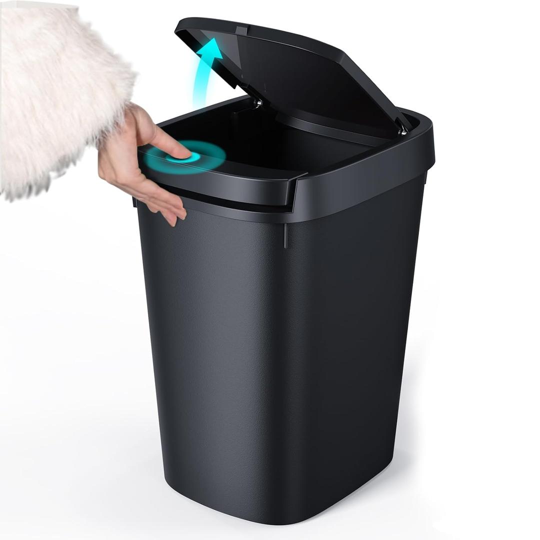 CEROELDA Slim Bathroom Trash Can, 10L/2.6 Gal Plastic Wastebasket with Press Top Lid, Pop-up Lid for Toilet, Office, Bedroom (Black, 1 Pack)