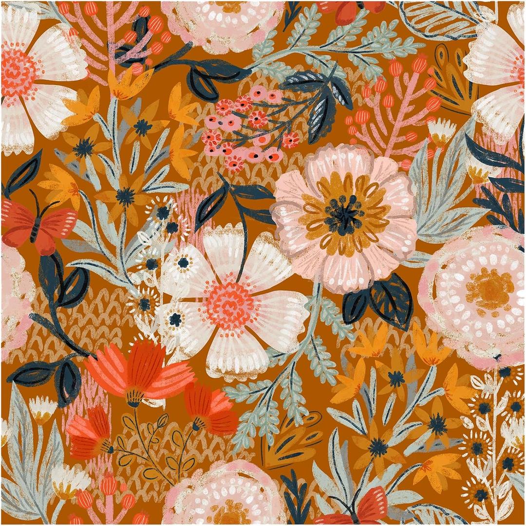 HAOKHOME Boho Peel and Stick Wallpaper Floral Wall Paper Removable for Bedroom Orange/Pink/Orange Contact Paper 17.3in x 9.8ft